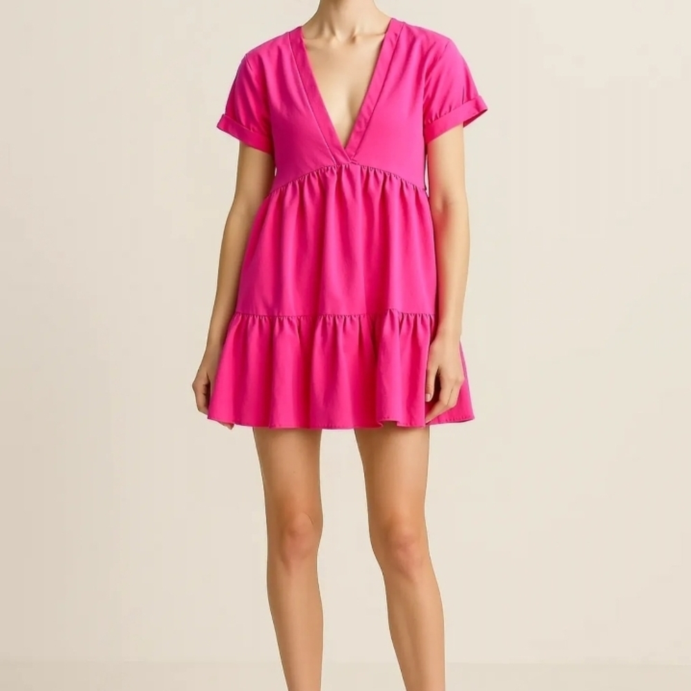 Vibrant Pink V-Neck Dress Babydoll Mini Dress XS